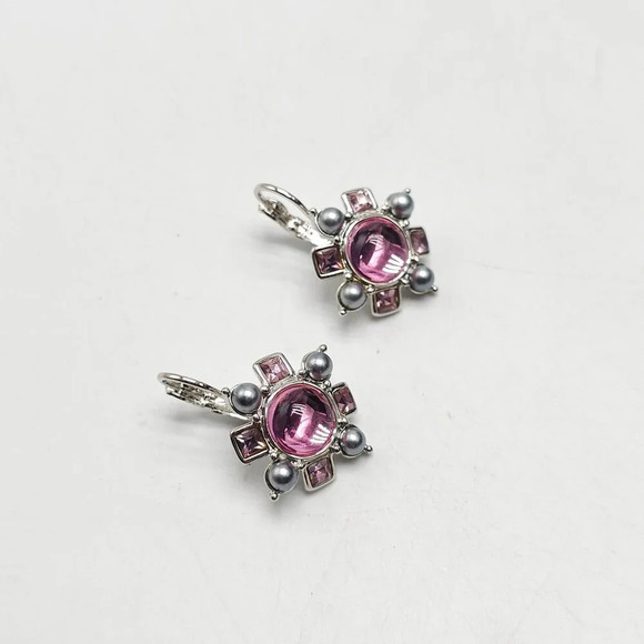 Joan Rivers Pink Crystal Silver Pearl Floral Dangle Drop Earrings - Picture 2 of 4